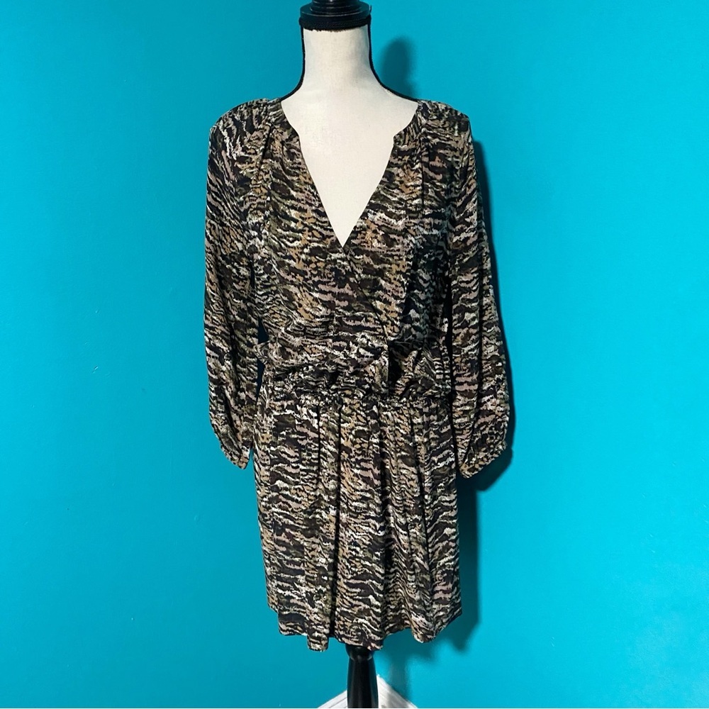 Joie S Brown Print 100% Silk Surplice Neck Long Sleeve Mini Dress - Picture 2 of 7